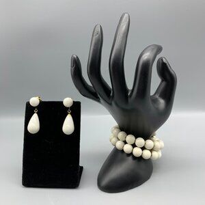 Vintage Trifari White Bead Drop Clip Earrings and Bendable Bracelet